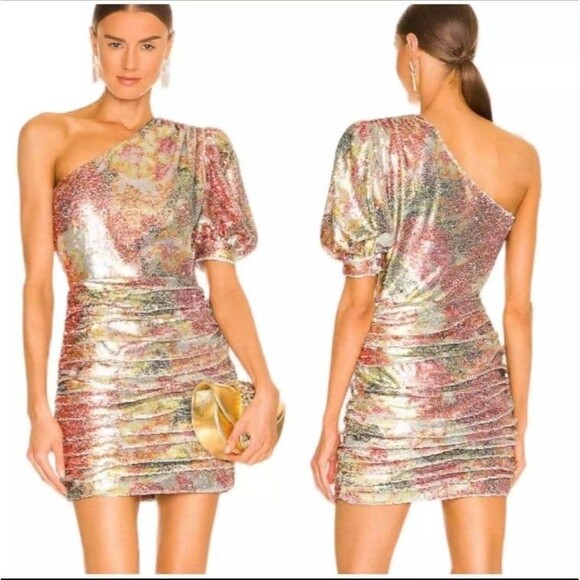 Ronny Kobo Eden Sequin Ruched One Shoulder Mini Dress Gold Multi Sz L $498 - Picture 1 of 12